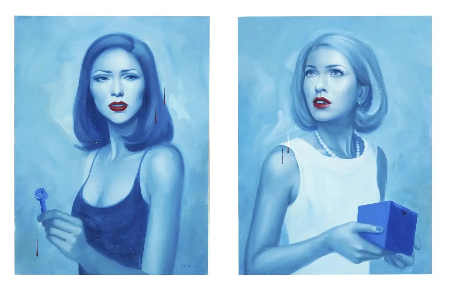 | An original acrylic painting by Allison Reimold titled "This is The Girl 1 & 2," featuring portraits of Naomi Watts and Laura Harring from Mulholland Drive