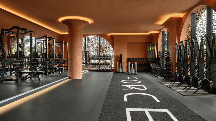 A gym studio with the word FORCE on the ground