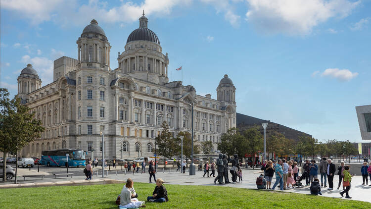 Tourists outside in Liverpool 