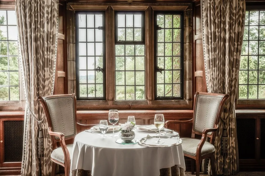 Dining set up at the Mallory Court Country House Hotel & Spa in Leamington Spa, Warwickshire.