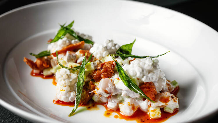 Raw fish with coconut, sweet potato & curry leaves