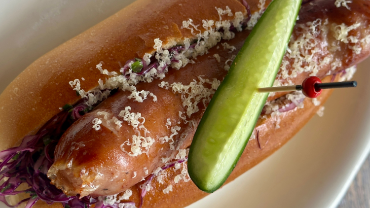 Cheese kransky hotdog.