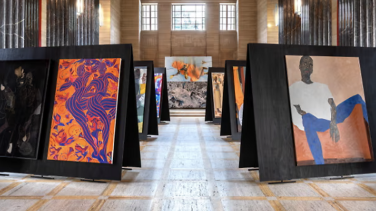 A picture of the Artistic Museum of Contemporary Art’s pop-up exhibition, Black Voices from the Museum Collection, at the Temple of Peace. 