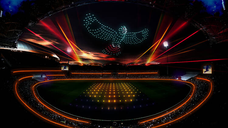 Render of drone show at night with cocktaoo shape