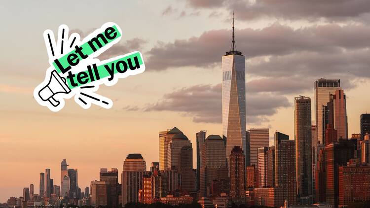 The NYC skyline at sunset.
