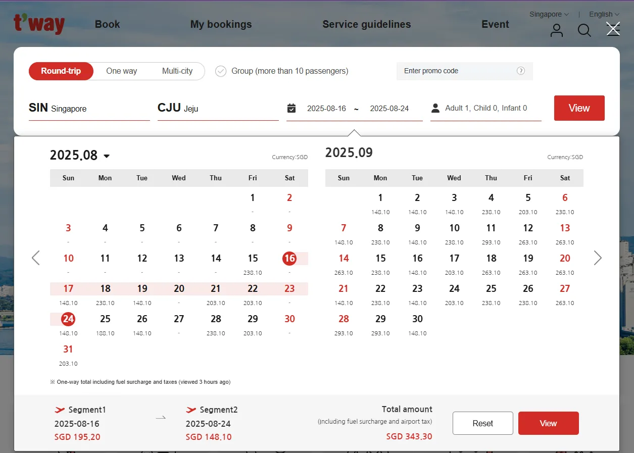 Direct flights from Singapore to Jeju with T'way Air