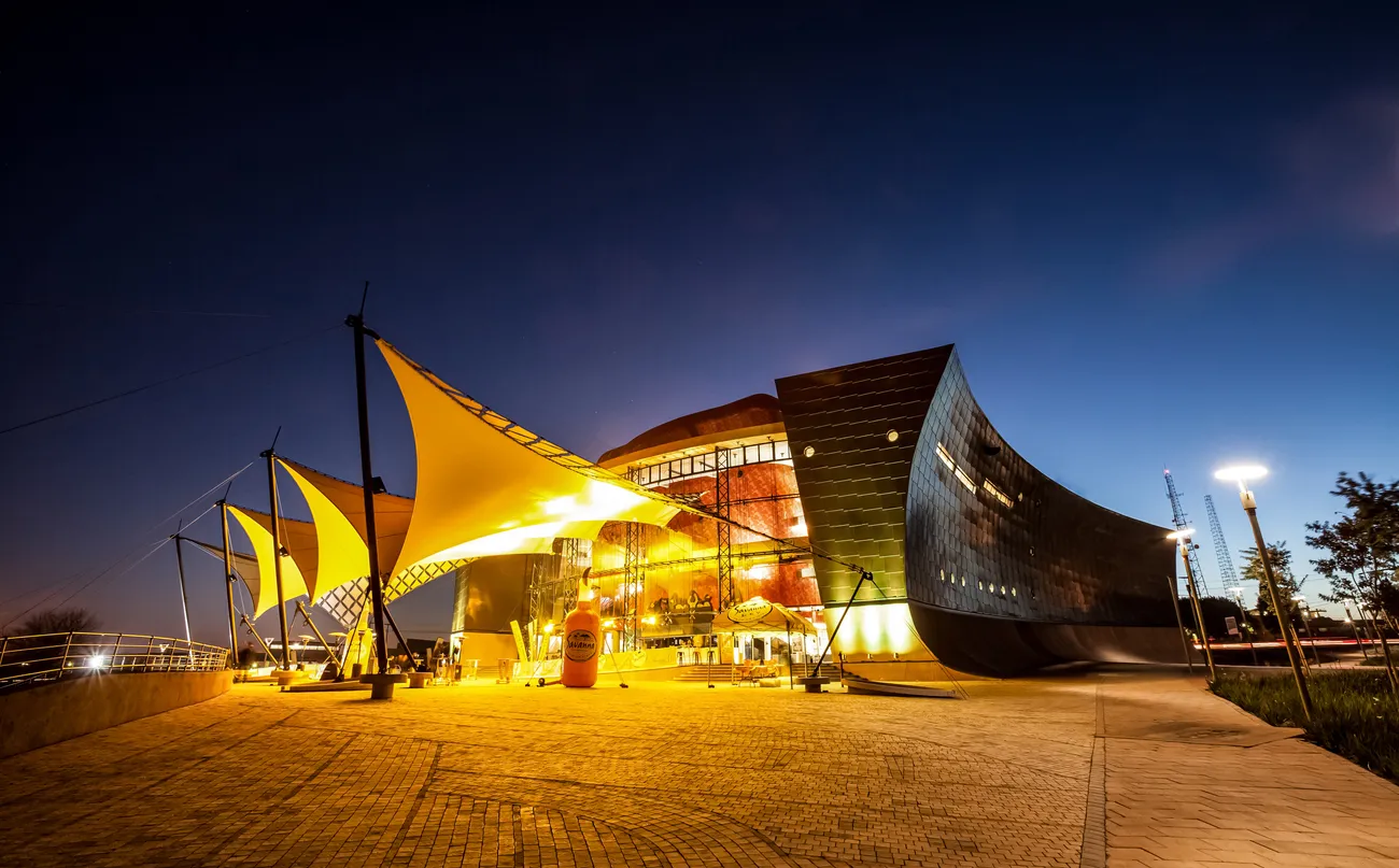 Exterior entrance to The Soweto Theatre at night time