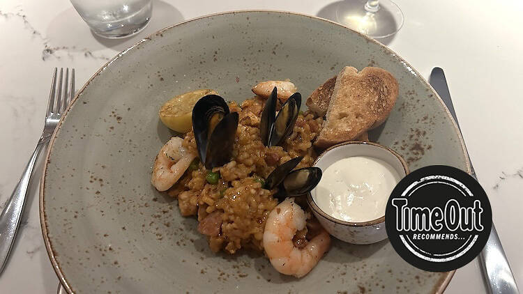 Seafood, chicken and chorizo paella at The Olive Grove