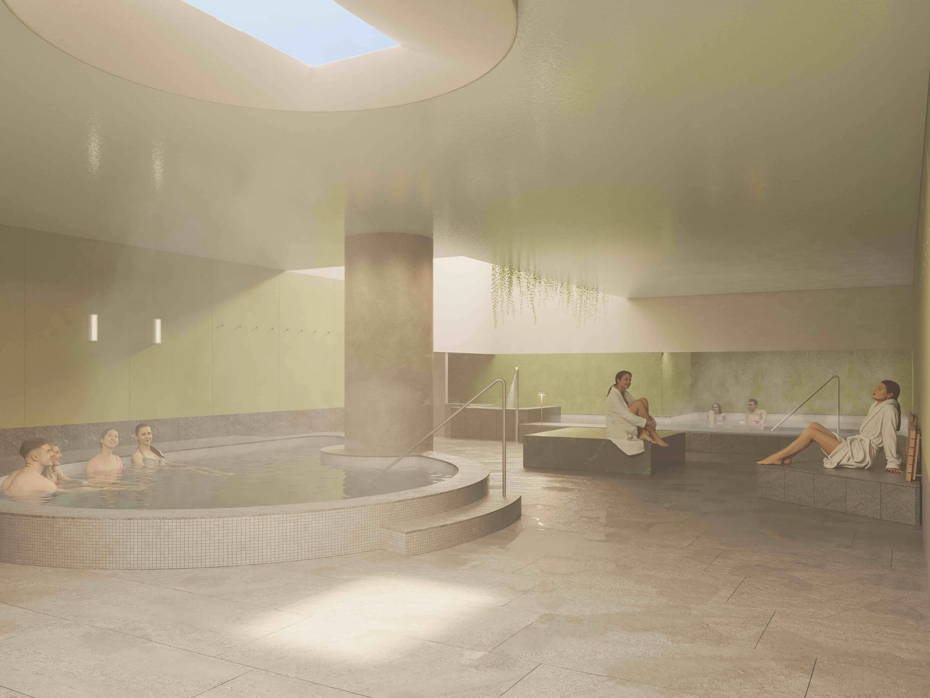 A bathhouse with people relaxing.