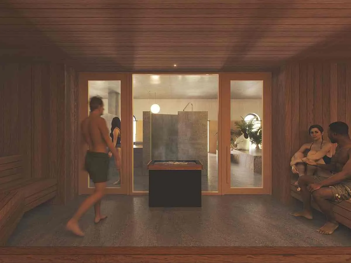 A sauna room with people inside.