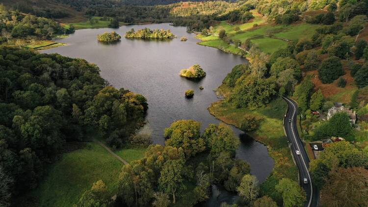 Road through the Lake District from above 