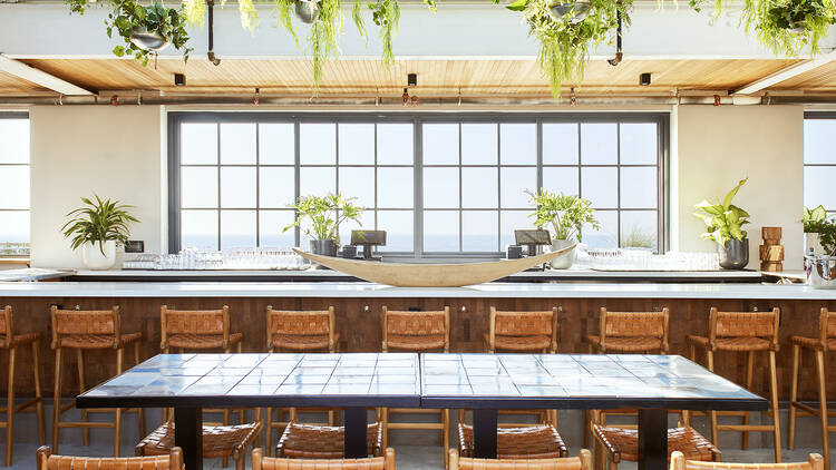 Interior of The Rooftop at The Rockaway Hotel facing the bar with greenery and leather backed chairs