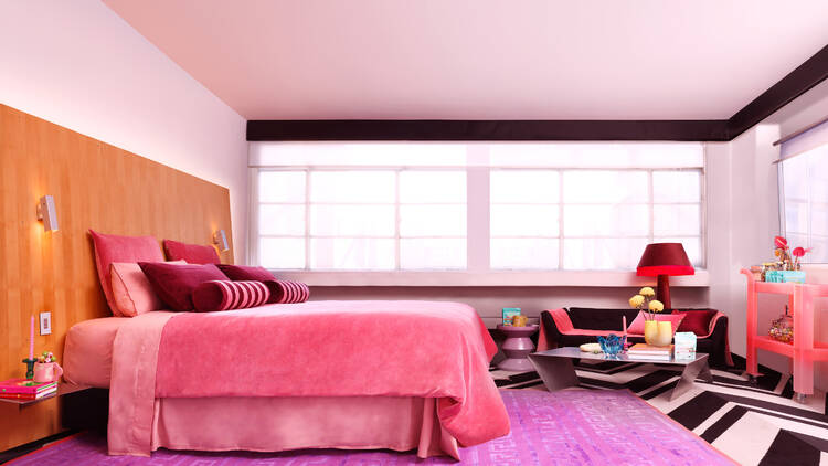 Candy-coloured hotel room