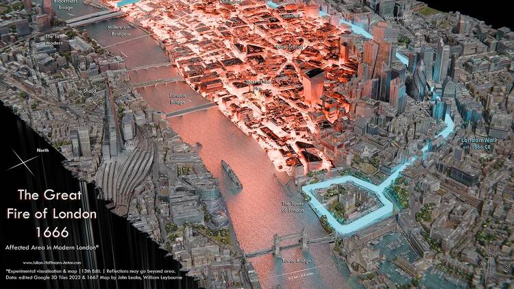 Map of the Great Fire of London, on top of modern day London