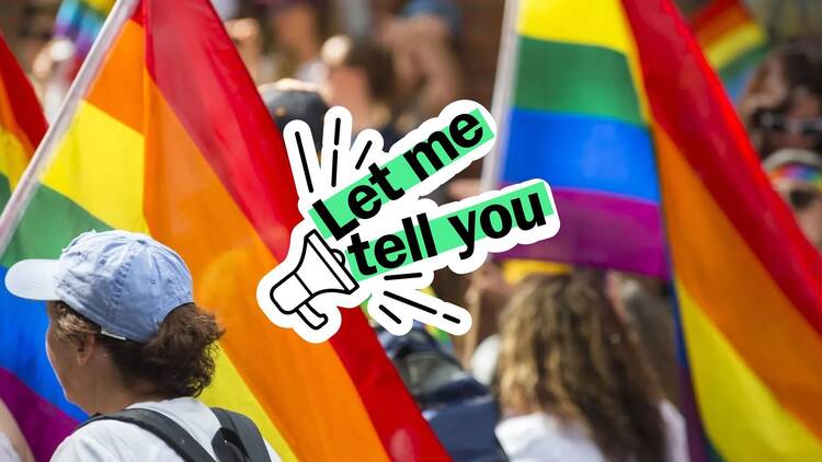 A crowd of people holding Pride flags