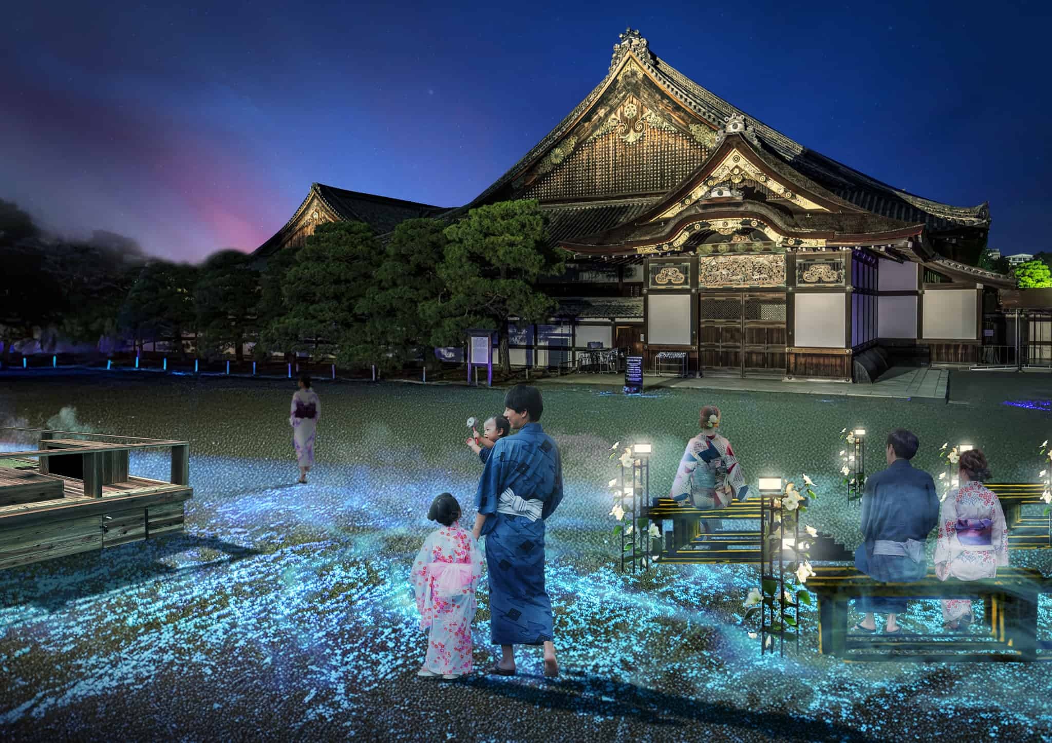 Nijo Castle illuminated at night during Tanabata festival with digital art projections and traditional decorations in Kyoto
