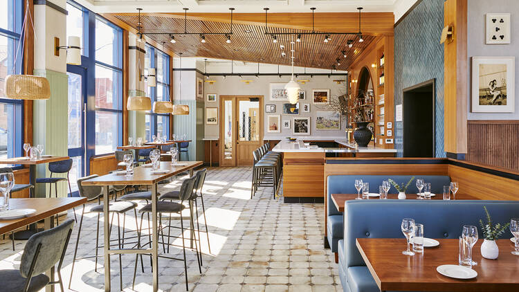 Inside Margie's restaurant, a large open room with booths and tables.
