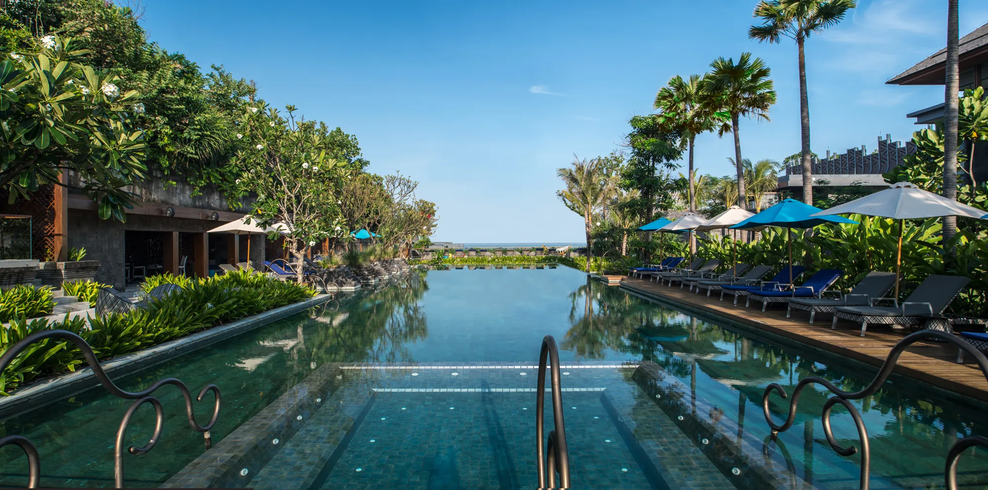 Pool lined with palm trees
