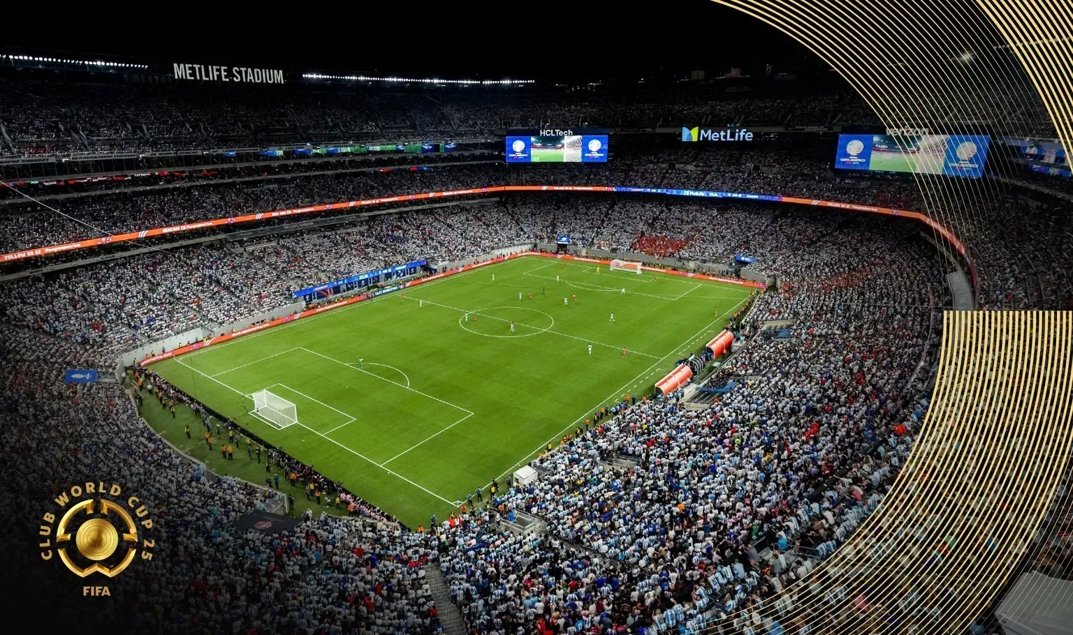 Met Life stadium with a World Cup logo.