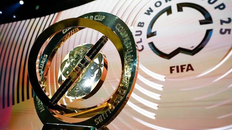 A golden soccer trophy on display.