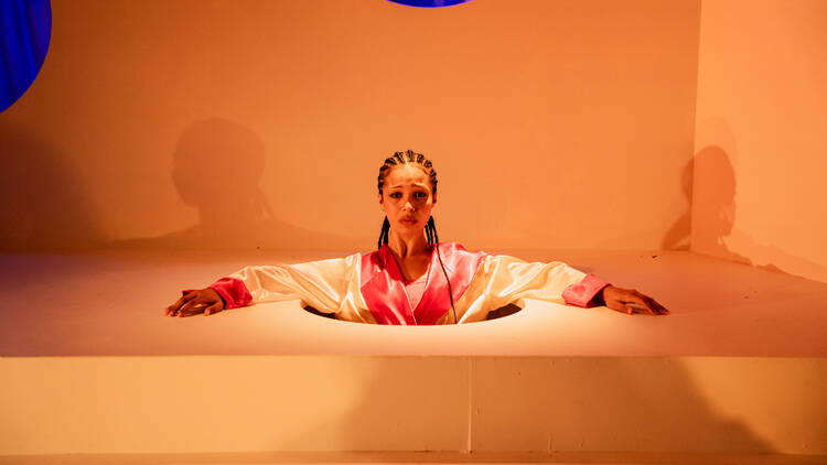 Actor Lucy Ansell on stage in 'Super'.