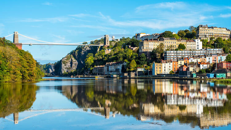 Clifton Suspension Bridge with Clifton and reflection, Bristol UK