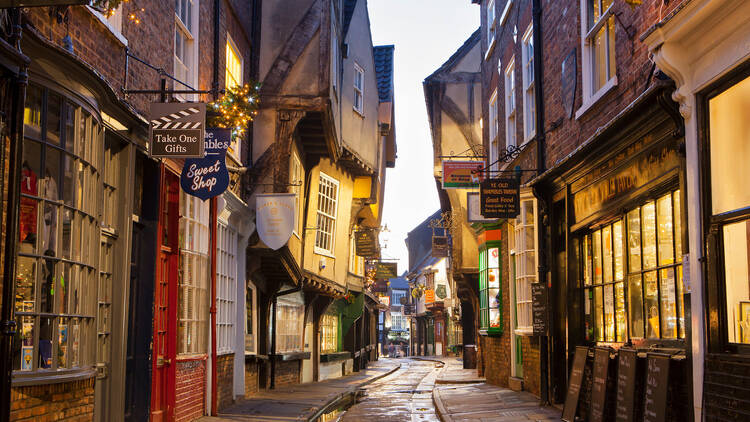 The Shambles is one of the best-preserved medieval shopping streets in Europe.City of York gets decorated with Christmas lights.