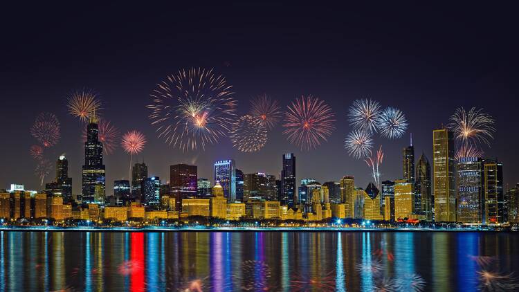 Fireworks over the Chicago skyline