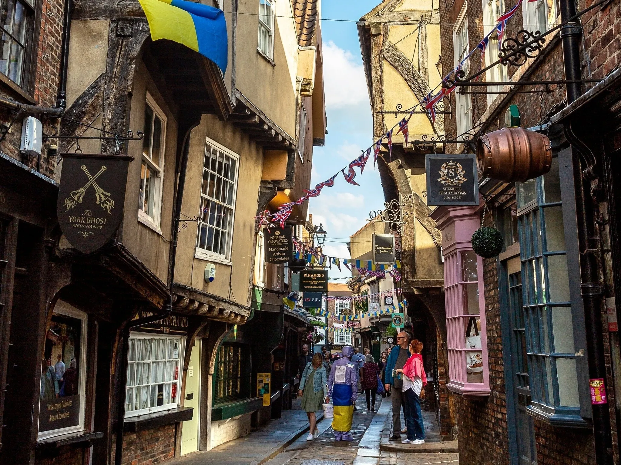 The Shambles - a medieval street in Old Town in York in a sunny summer day, North Yorkshire, UK