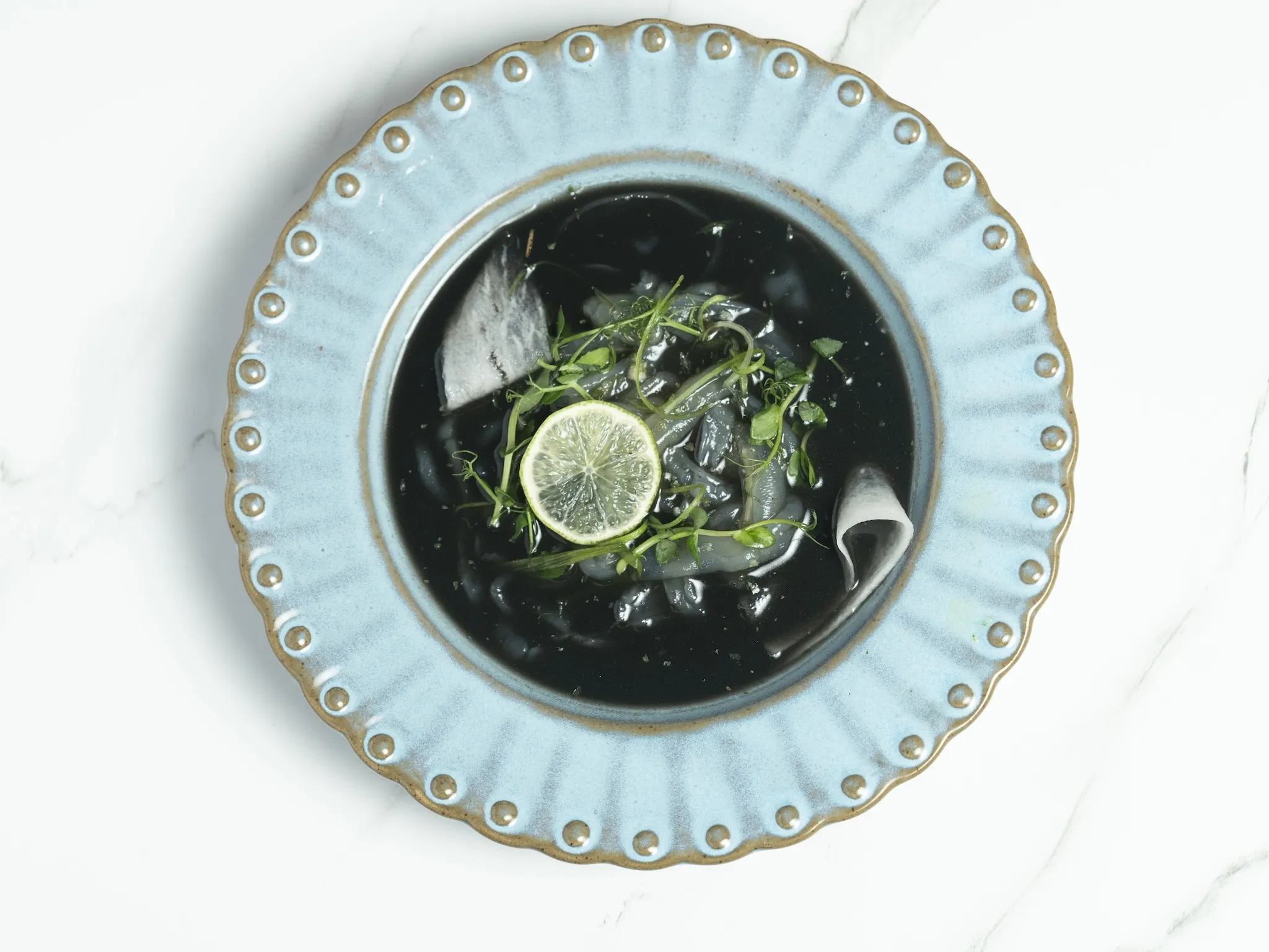 A black soup with cilantro with radish