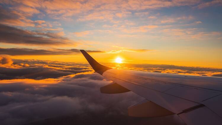 Airplane flying during sunset