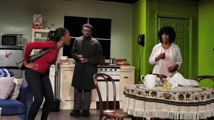 Sania Hyatt as Deirdre, Obi Nwako as Prayer, WillieAnn Gissendanner as Savannah in A House Full of Flies Sania Hyatt as Deirdre, Obi Nwako as Prayer, WillieAnn Gissendanner as Savannah in A House Full of Flies