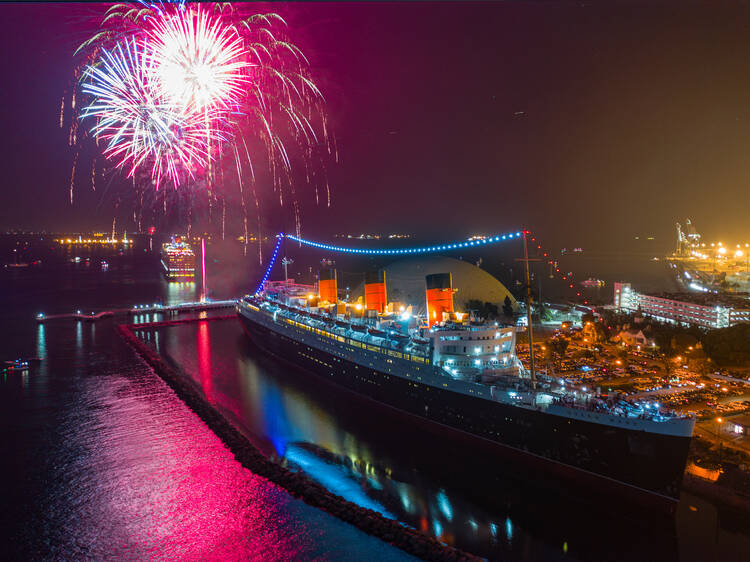 Fireworks over the Queen Mary in Long Beach