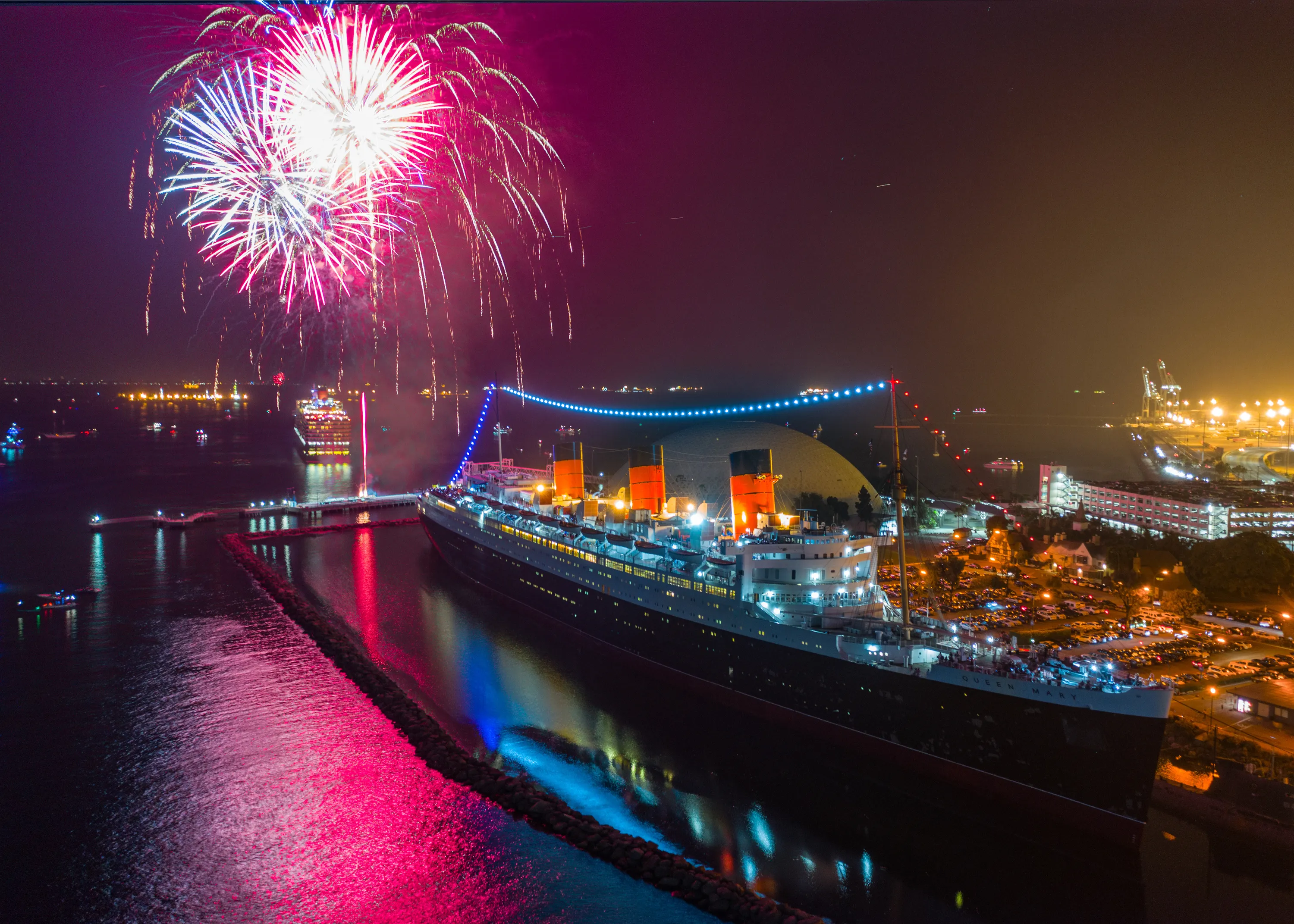 Fireworks over the Queen Mary in Long Beach