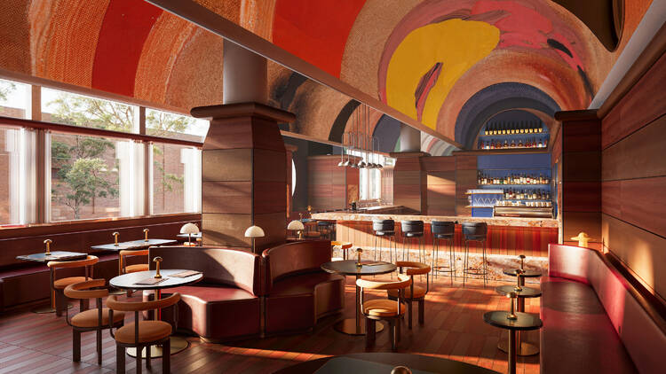 Inside of bar with colourful roof