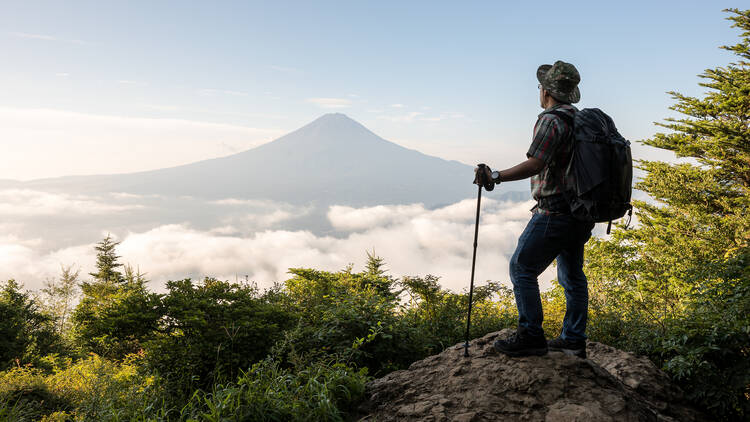 Hiker observing Mt Fuji