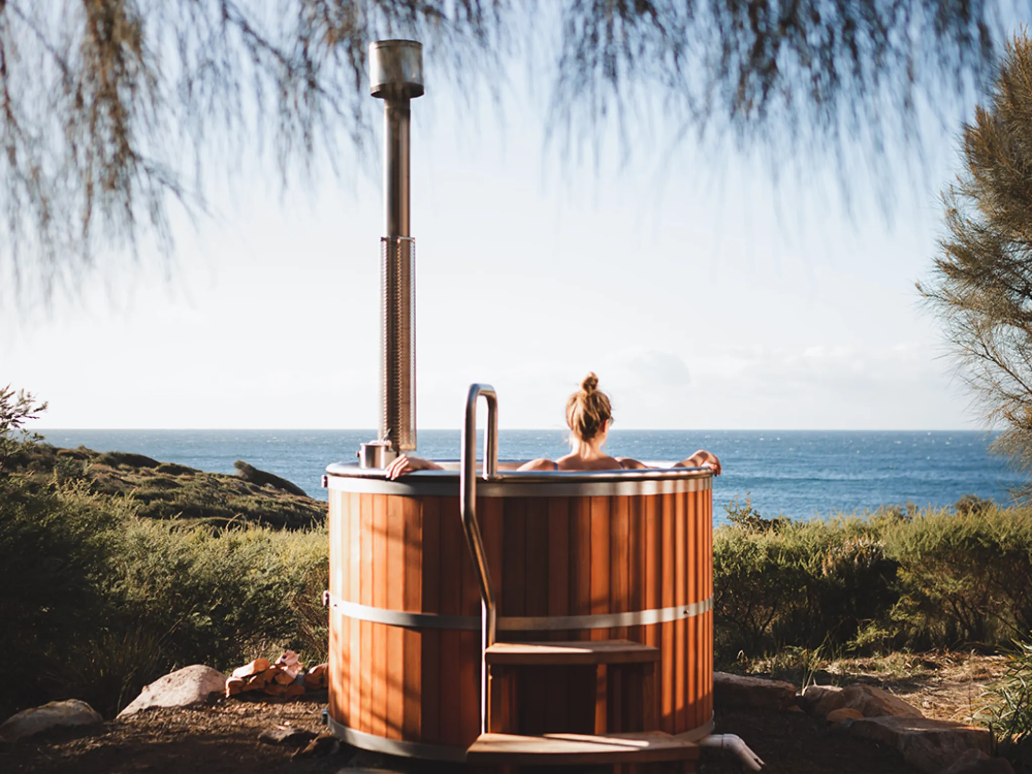 Outdoor spa overlooking beach