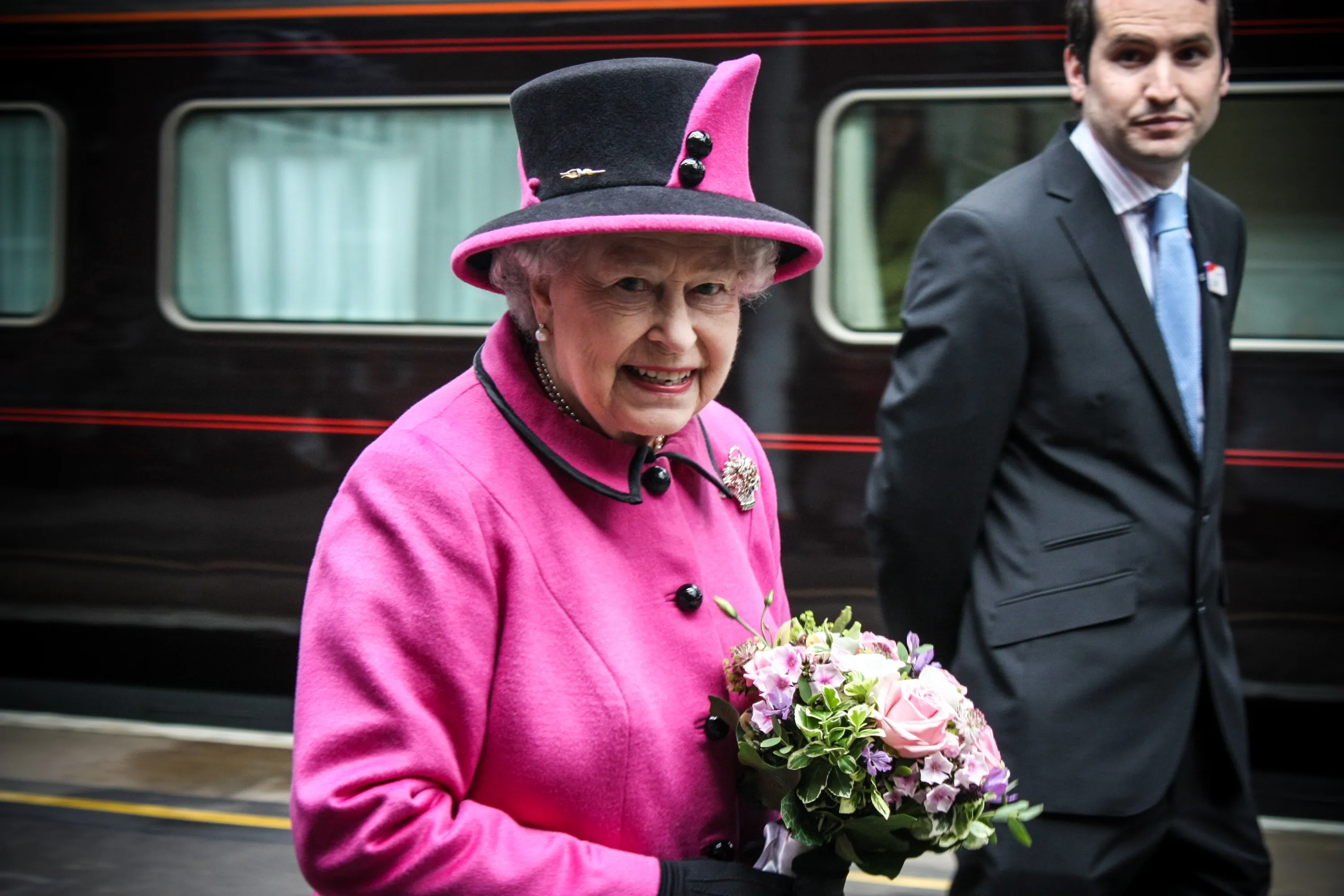 Queen Elizabeth II outside the Royal Train