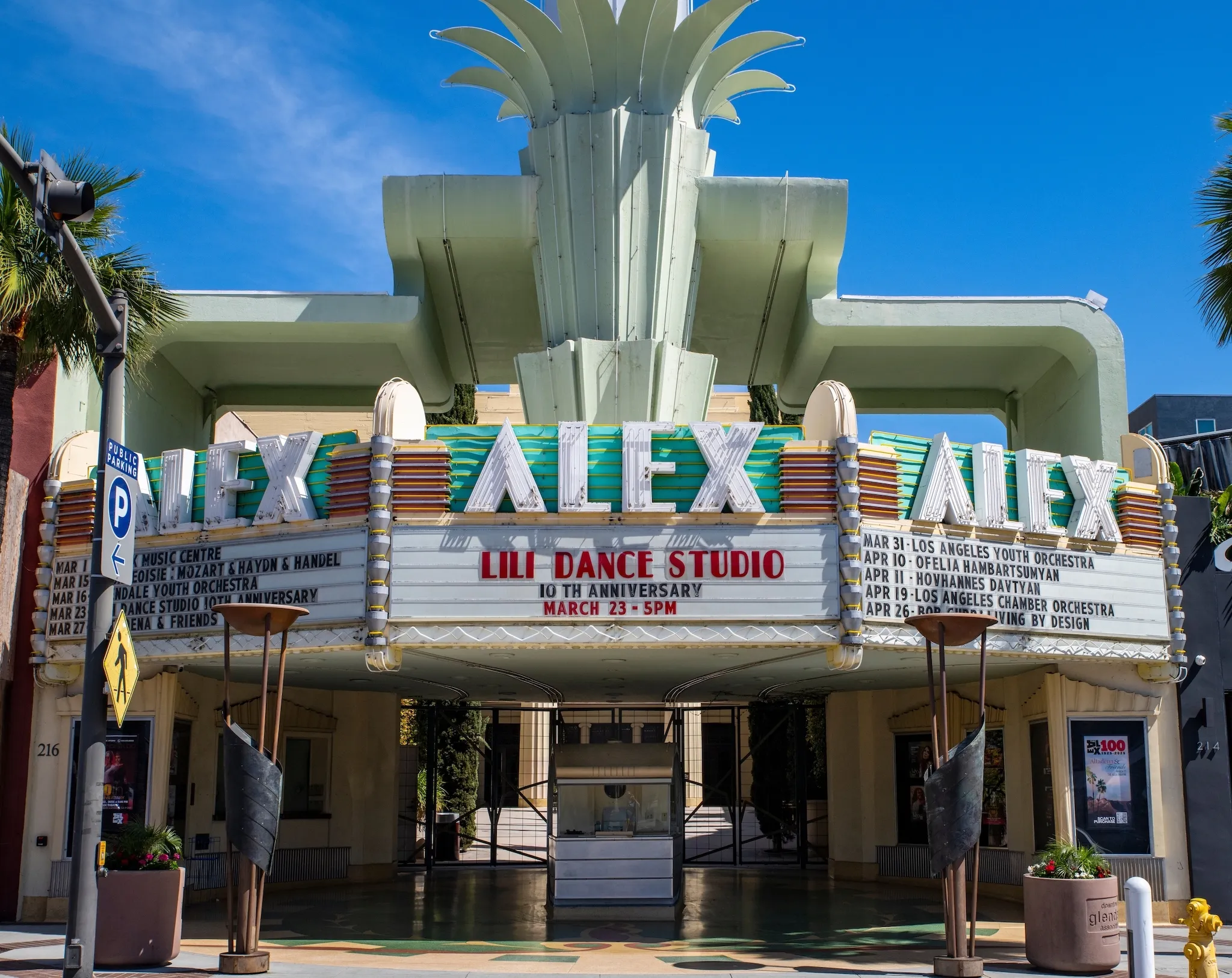 Alex Theatre entrance and ticket booth located on Brand Boulevard in Glendale