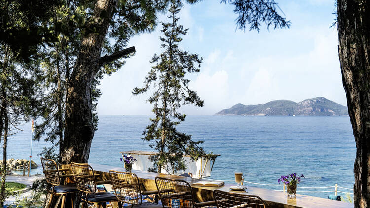 A breakfast bar table overlooking the sea at Liberty Lykia hotel
