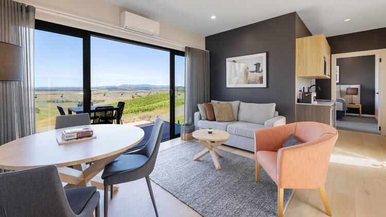 The lounge area of a cabin at Marnong Estate.