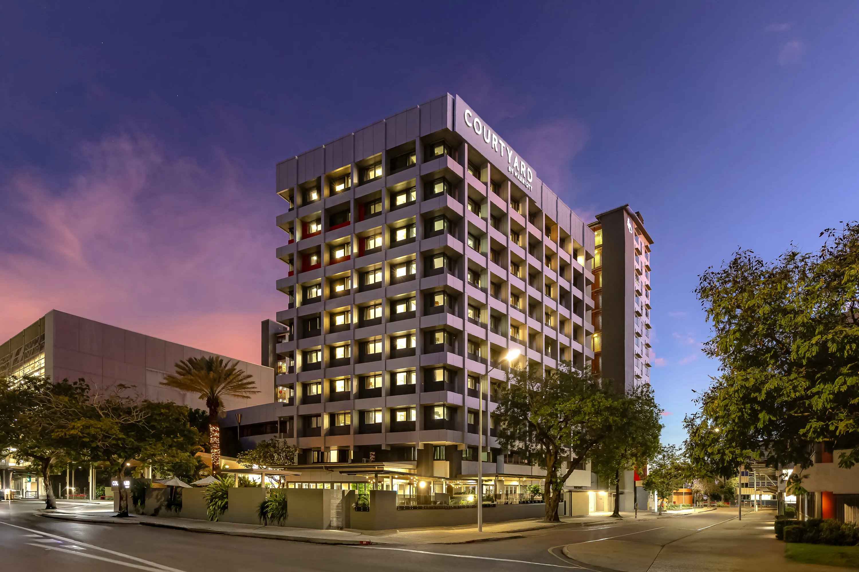 Hotel exterior at sunset