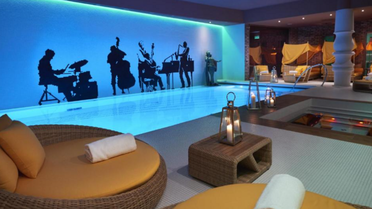 Silhouettes of an orchestra highlight the spa at the Aria Hotel in Budapest 