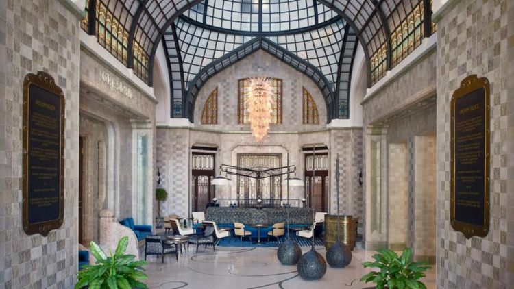 The main lobby of the Four Seasons Hotel Gresham Palace in Budapest