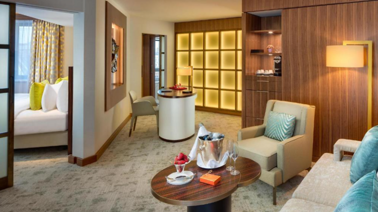 One of the rooms with strawberries and champagne in the lounge at Kempinski Hotel Corvinus Budapest 