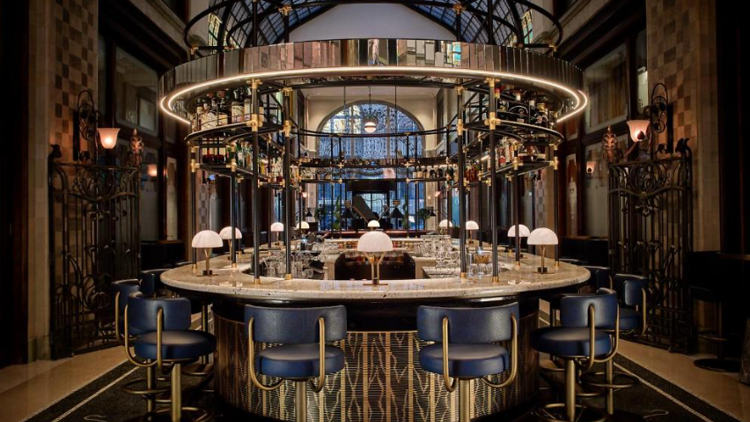 The central bar at the Four Seasons Hotel Gresham Palace in Budapest