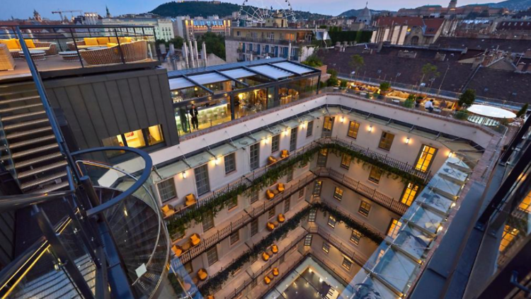 a rooftop shot looking down within the Aria Hotel in Budapest, Hungary 