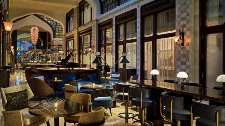 The bar with a grand piano at the Aria Hotel in Budapest, Hungary 