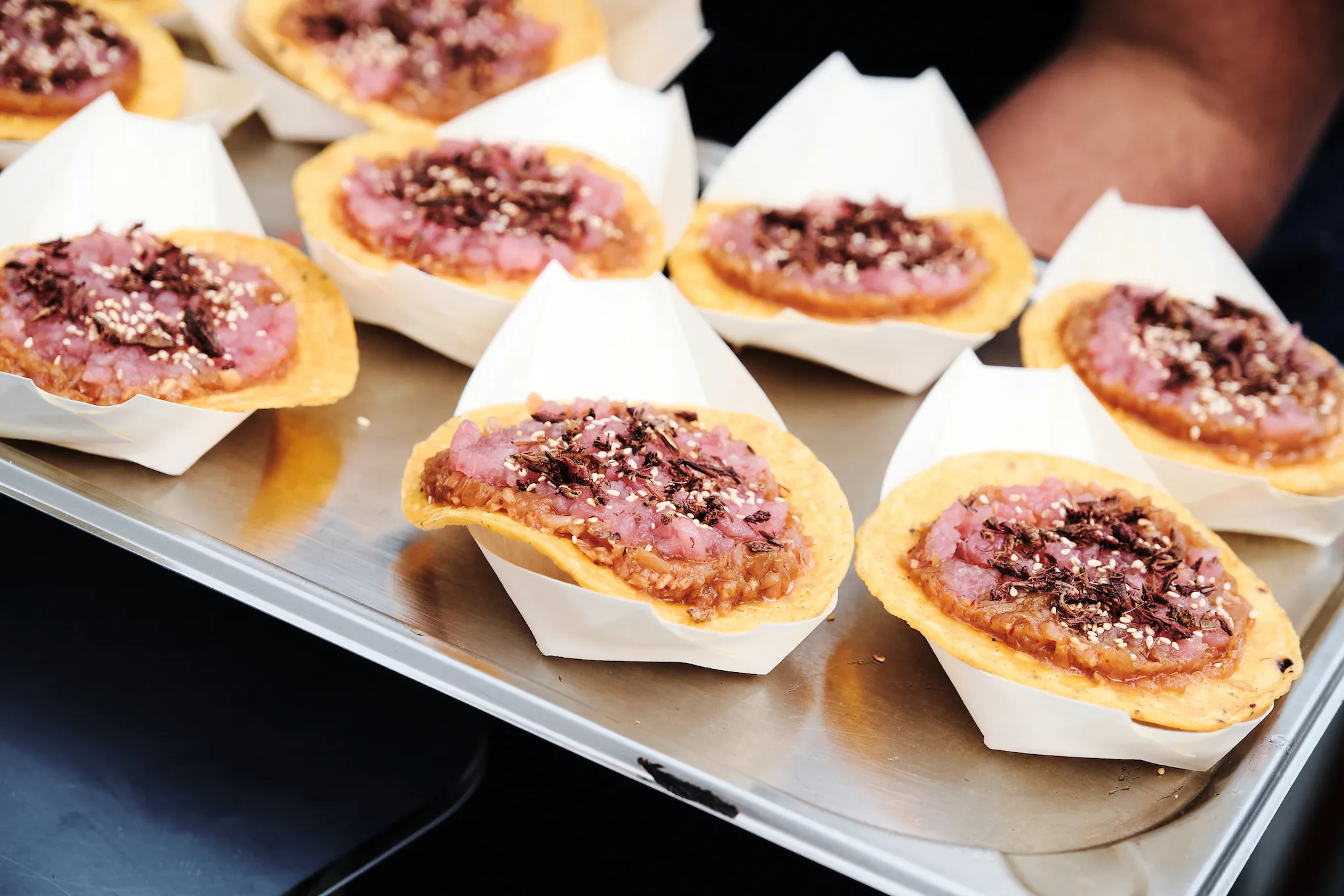 Tuna tostado with grasshoppers at Sanchez