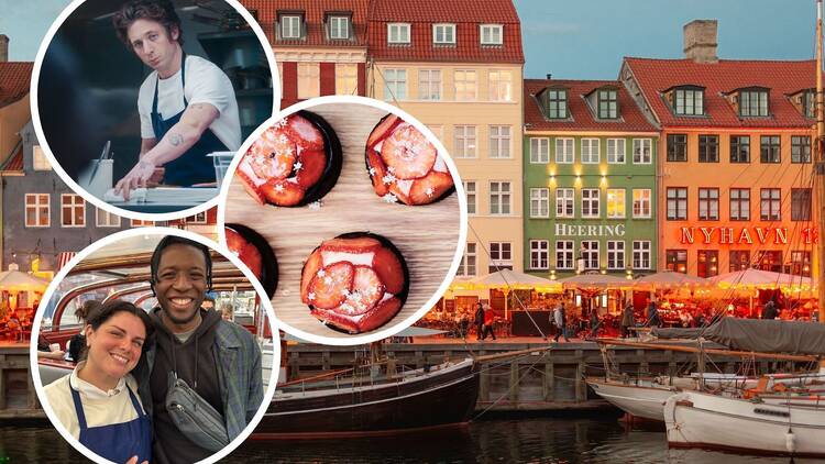 A collage of images including Copenhagen, strawberry tarts and still from The Bear